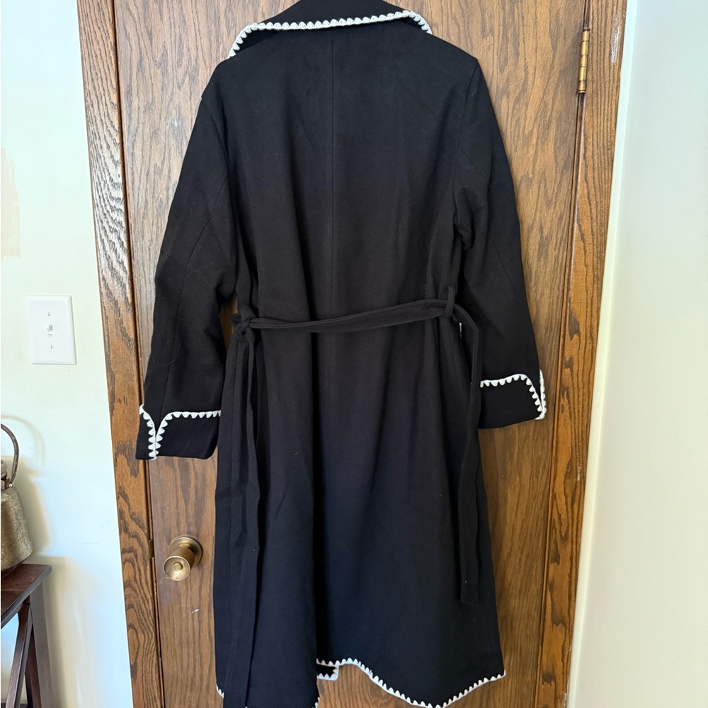Long Peacoat Trench Coat Jacket White Embroidered Trim - Tie Belt and Pockets - Picture 8 of 10